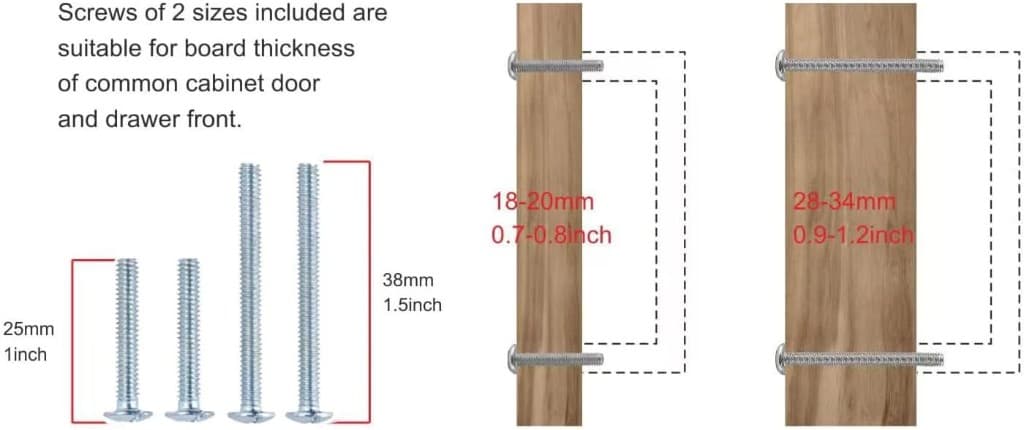 Screw length guide for cabinet door and drawer thickness