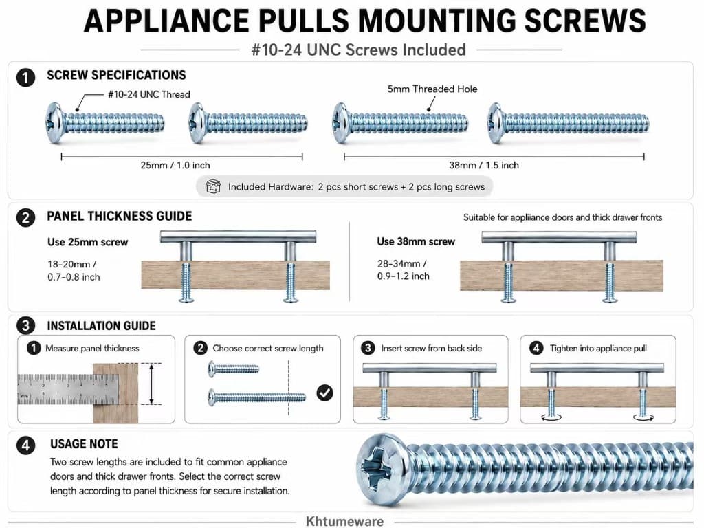 Screw length guide for cabinet door and drawer thickness