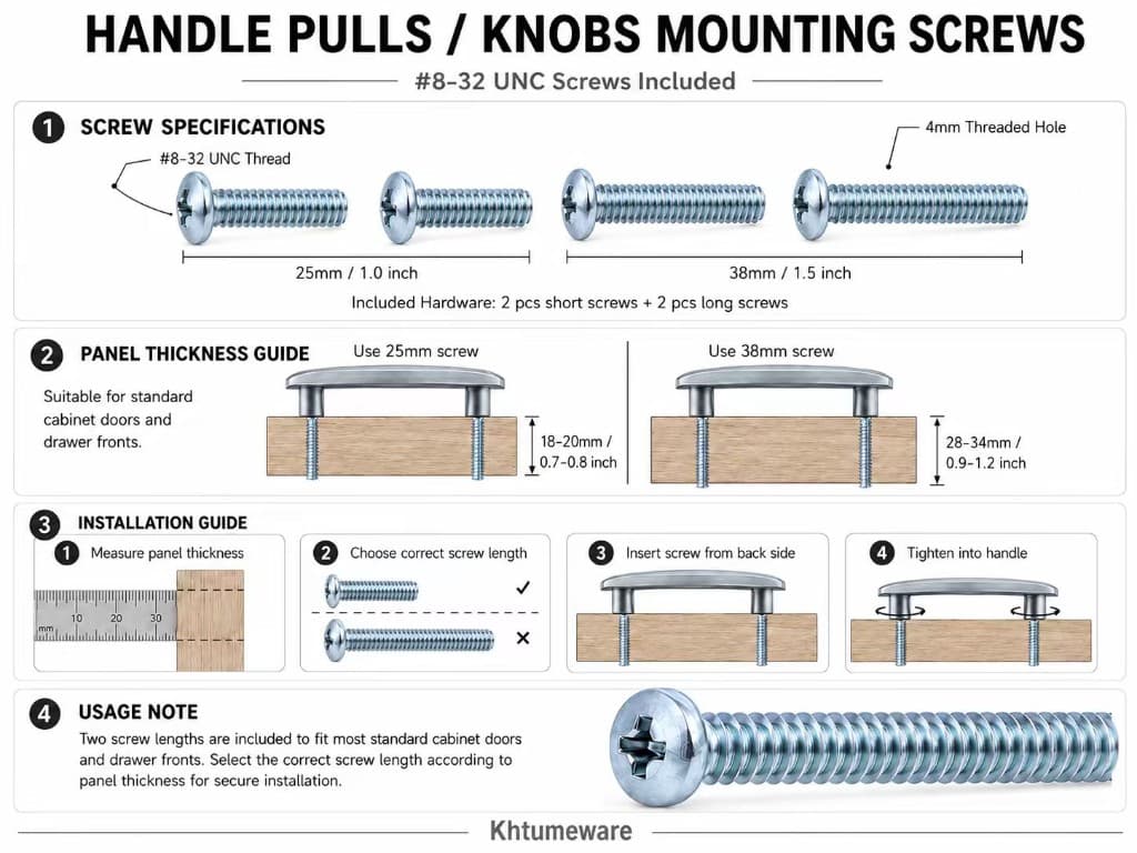 Screw length guide for cabinet door and drawer thickness