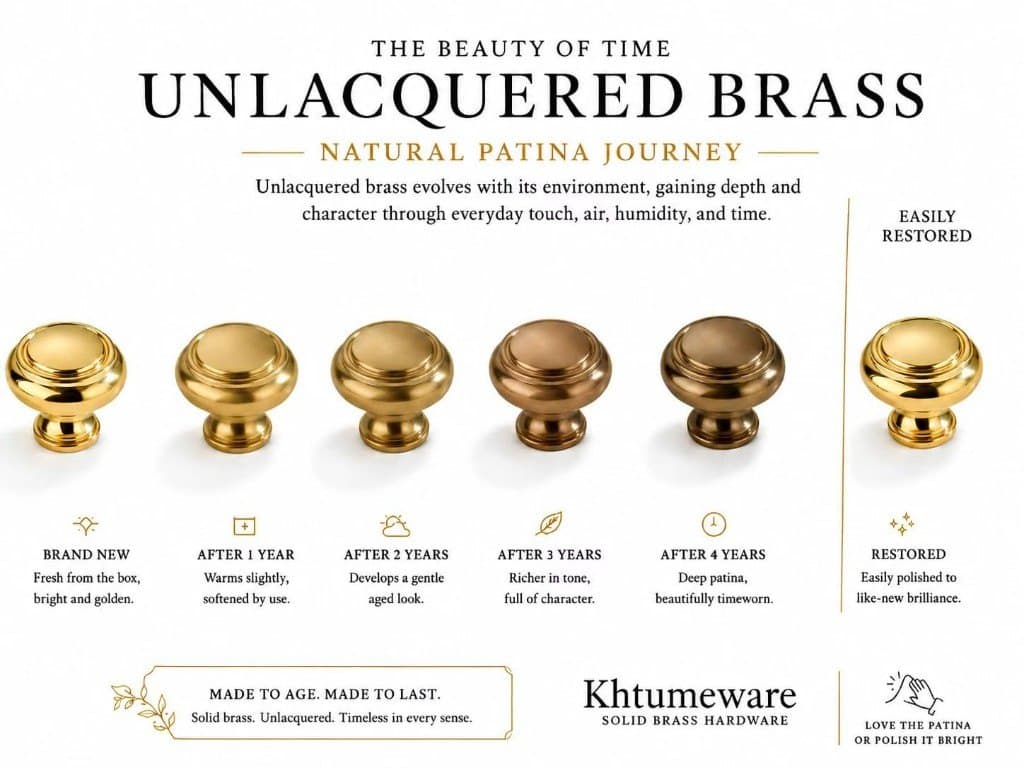 Unlacquered solid brass knob patina journey from brand new through four years of natural aging, then restored by polishing