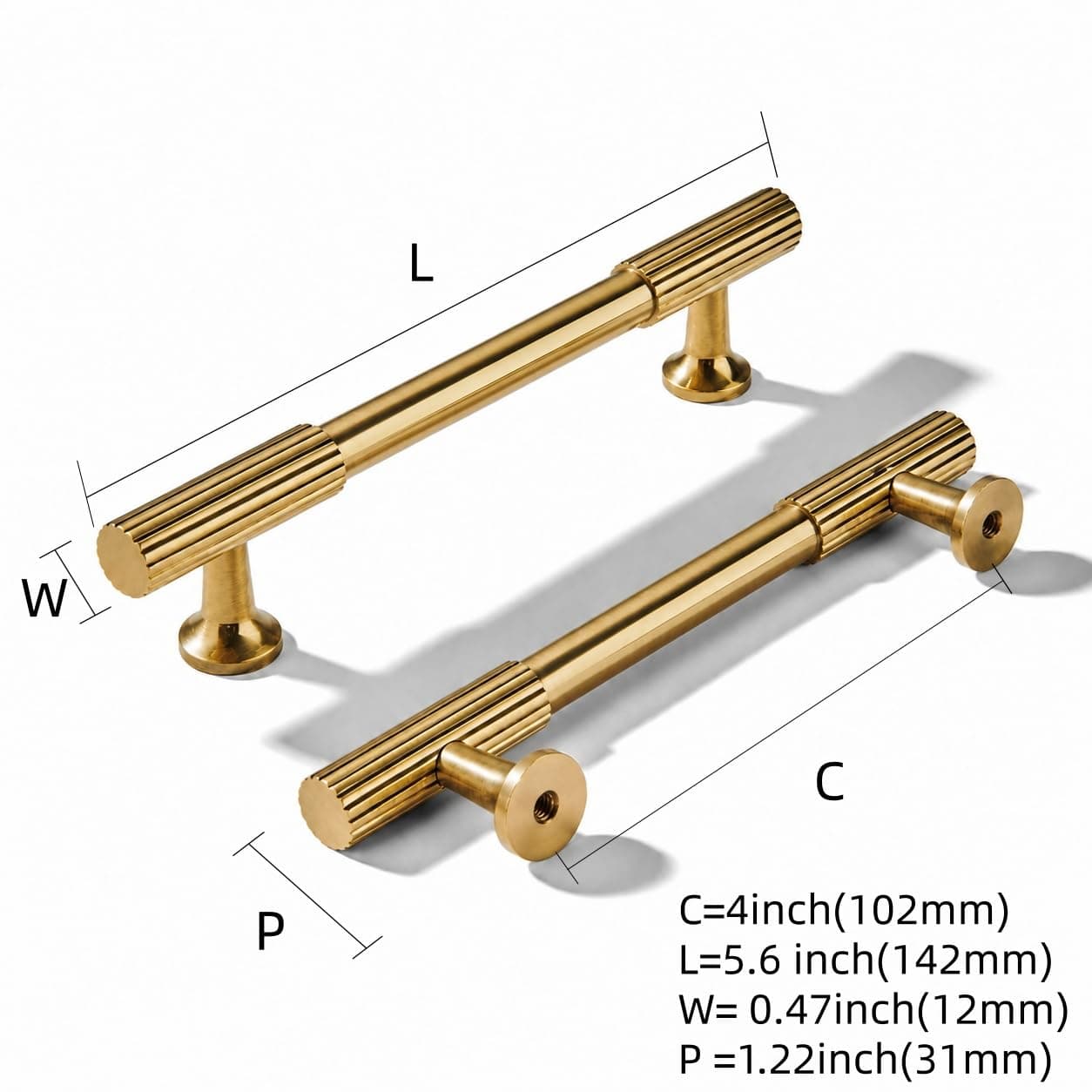 Cabinet hardware dimensions showing CTC, overall length, and projection