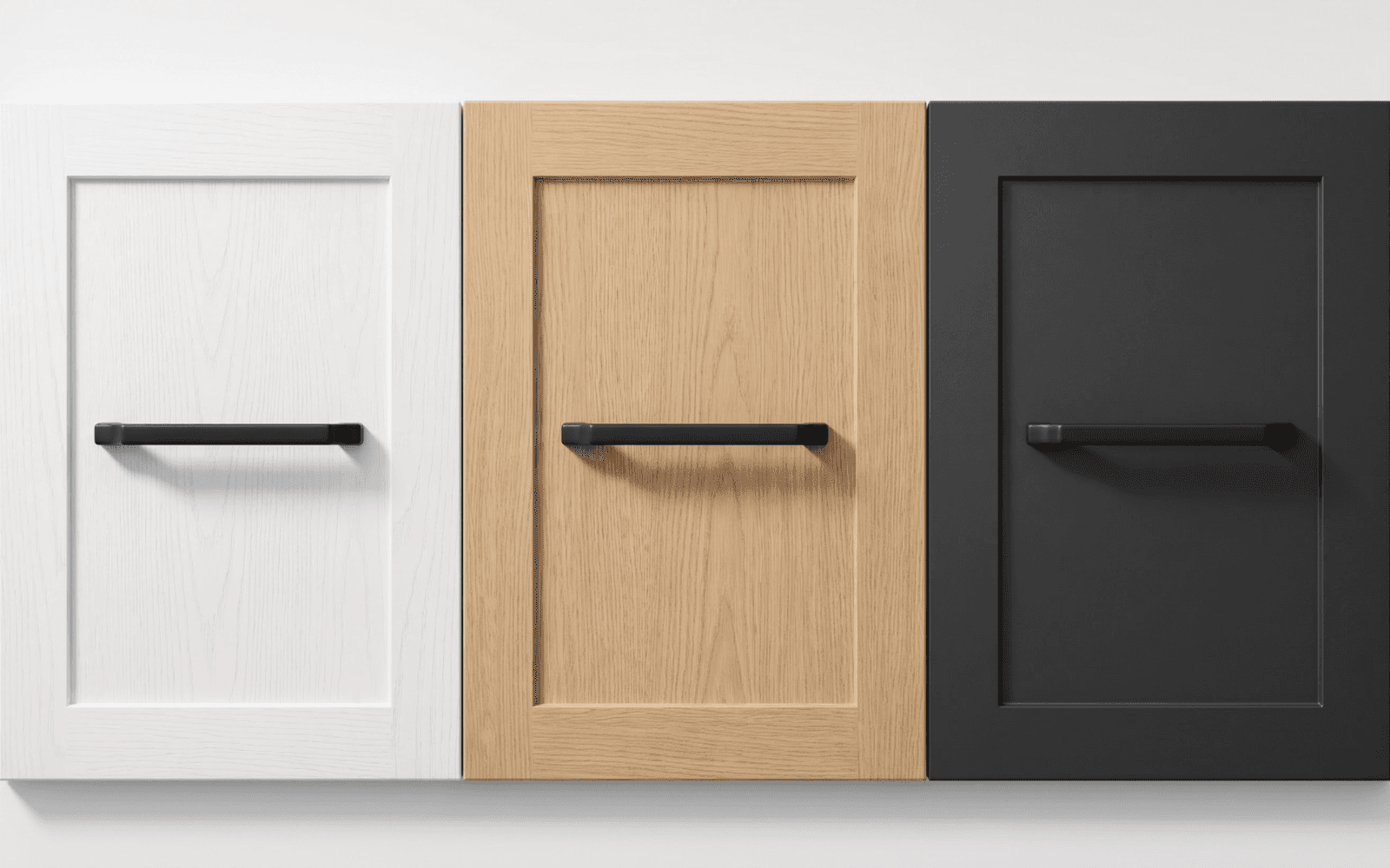 Matte black pulls compared on white wood and dark cabinets