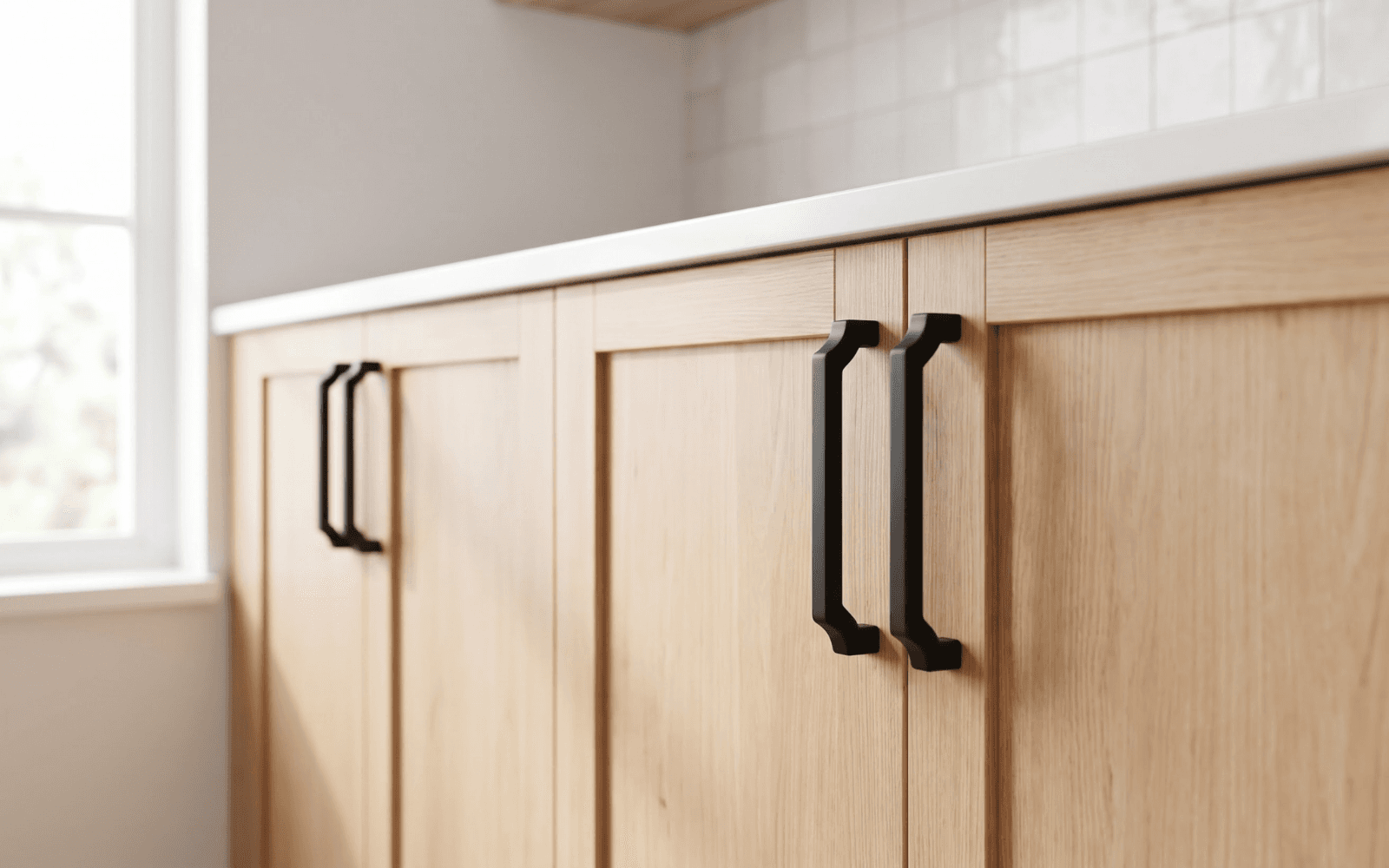 Matte black cabinet hardware on light kitchen cabinets