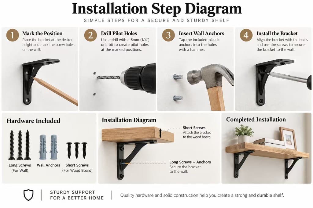 Wood shelf bracket installation: mark, drill, insert anchors, and attach the board