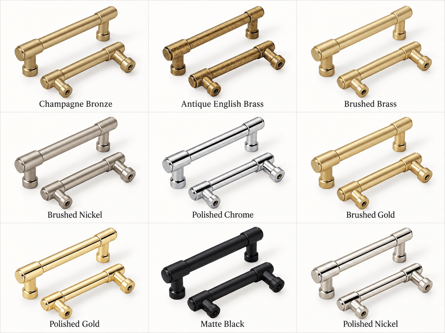 Cabinet hardware finishes compared in natural kitchen light