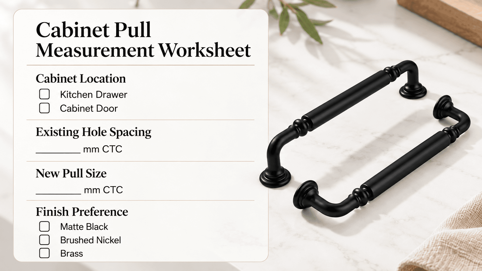 Cabinet hardware measurement record for a replacement project