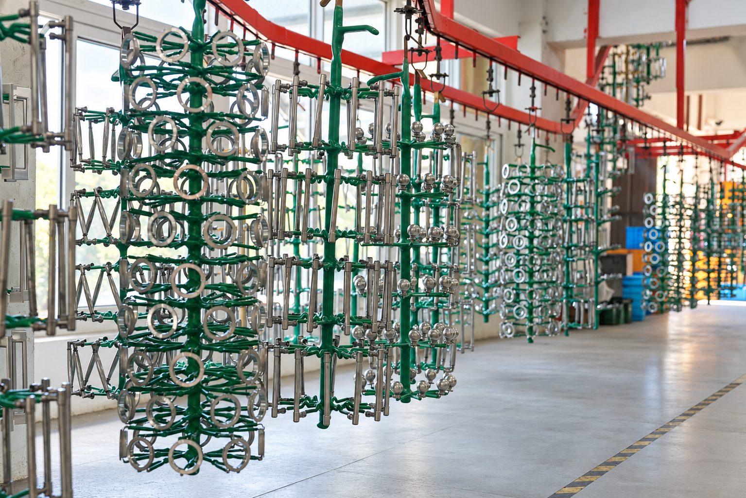 Hardware components on racks inside the factory.